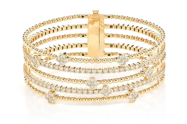 FIVE ROW BEADED DIAMOND CLOVER FLEX BANGLE BRACELET 14K SOLID GOLD 4.80CTW