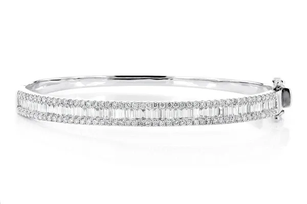 BAGUETTE AND ROUND DIAMOND BORDER BANGLE BRACELET 14K SOLID GOLD 2.00CTW
