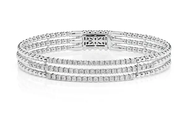 THREE ROW BEADED DIAMOND FLEX BANGLE BRACELET 14K SOLID GOLD 1.50CTW
