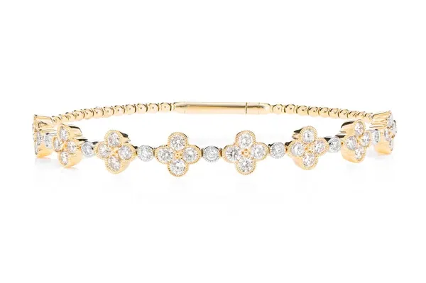 MILGRAIN DIAMOND CLOVER FLEX BANGLE BRACELET 14K SOLID GOLD 2.80CTW