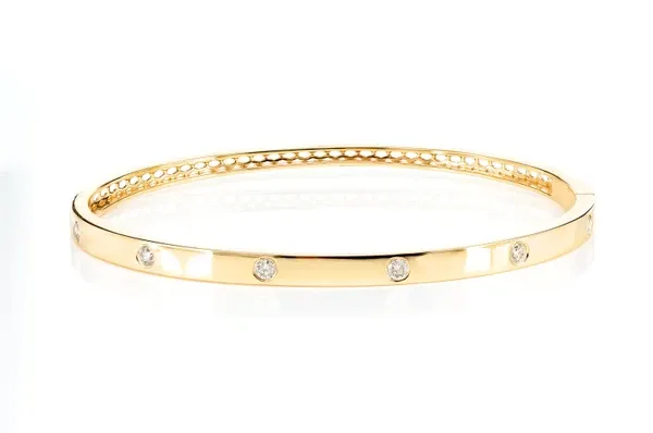 THIN GYPSY SET DIAMOND BANGLE BRACELET 14K SOLID GOLD 0.35CTW