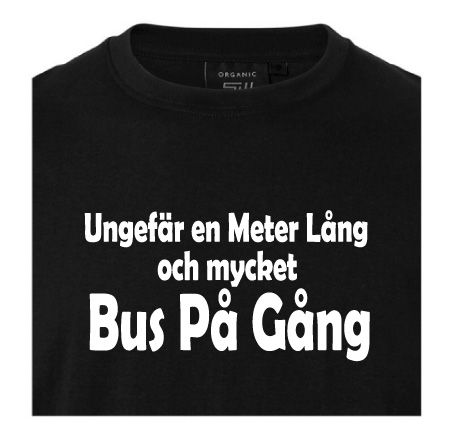T-shirt med tryck "Ungefär en meter lång och mycket bus på gång"