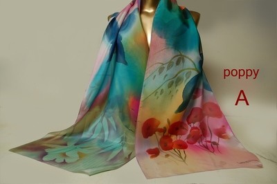 Poppy hand painted silk scarf 9" x 60"
