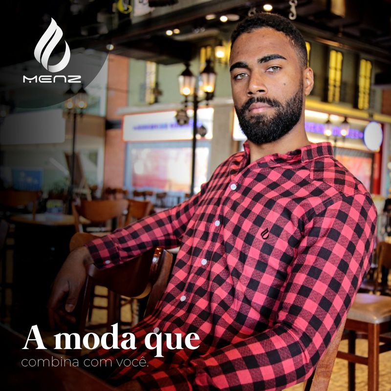 CAMISA XADREZ MASCULINA MANGA LONGA MODELAGEM SLIM VERMELHO/PRETO