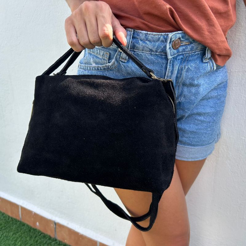 Bolso Ovalado de ante negro con doble asa y bandolera