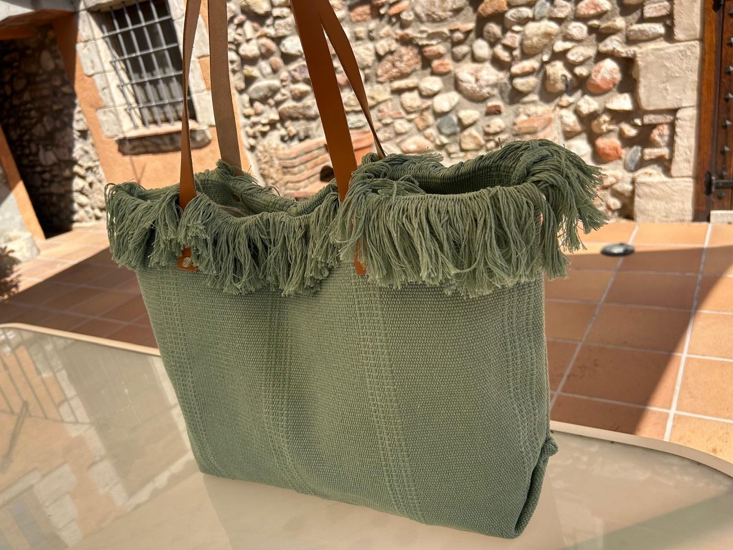 Bolso tote algodón verde agua con flecos y asas de piel