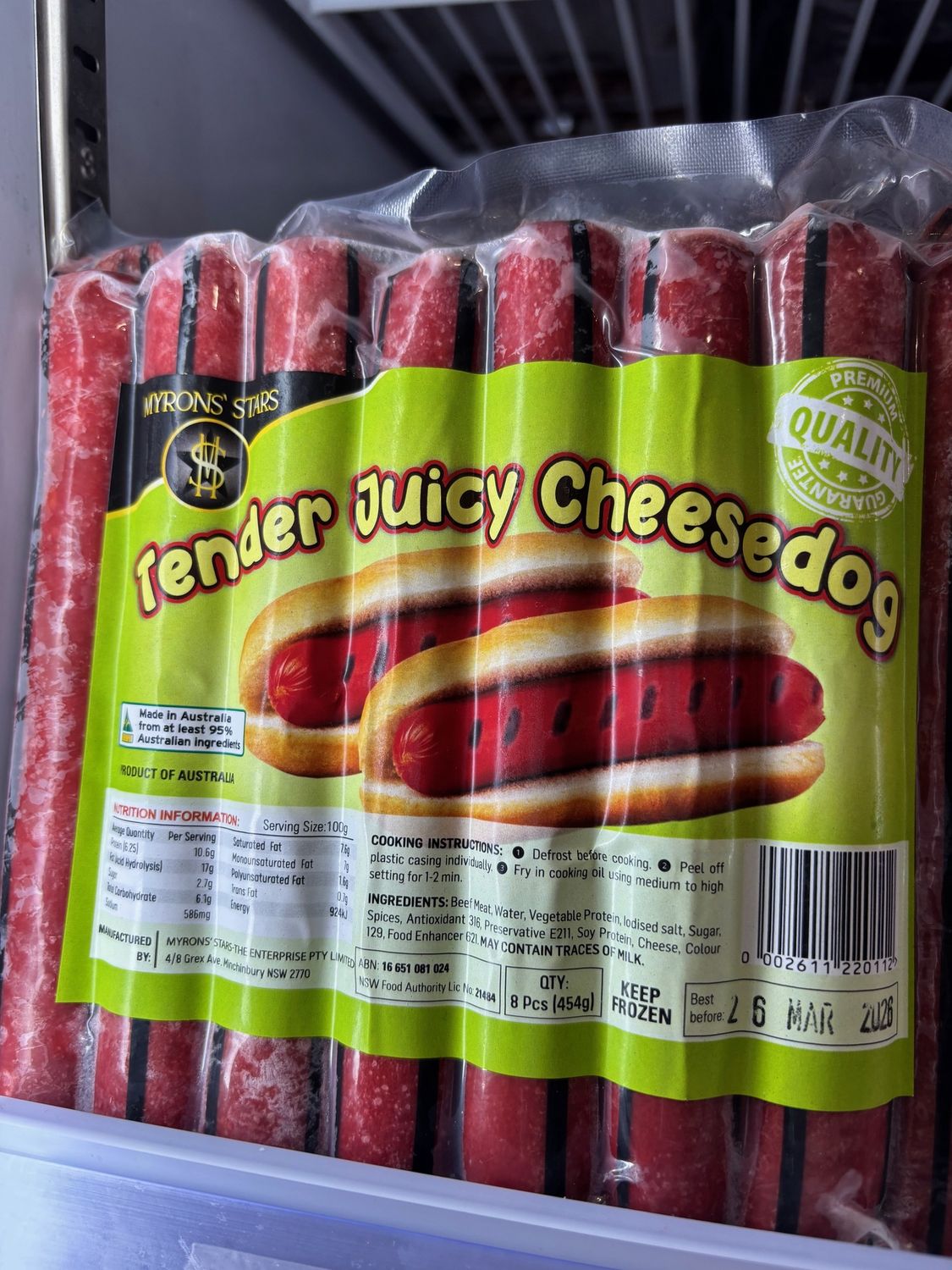 Myrons Stars Tender Juicy Cheesedog 454g