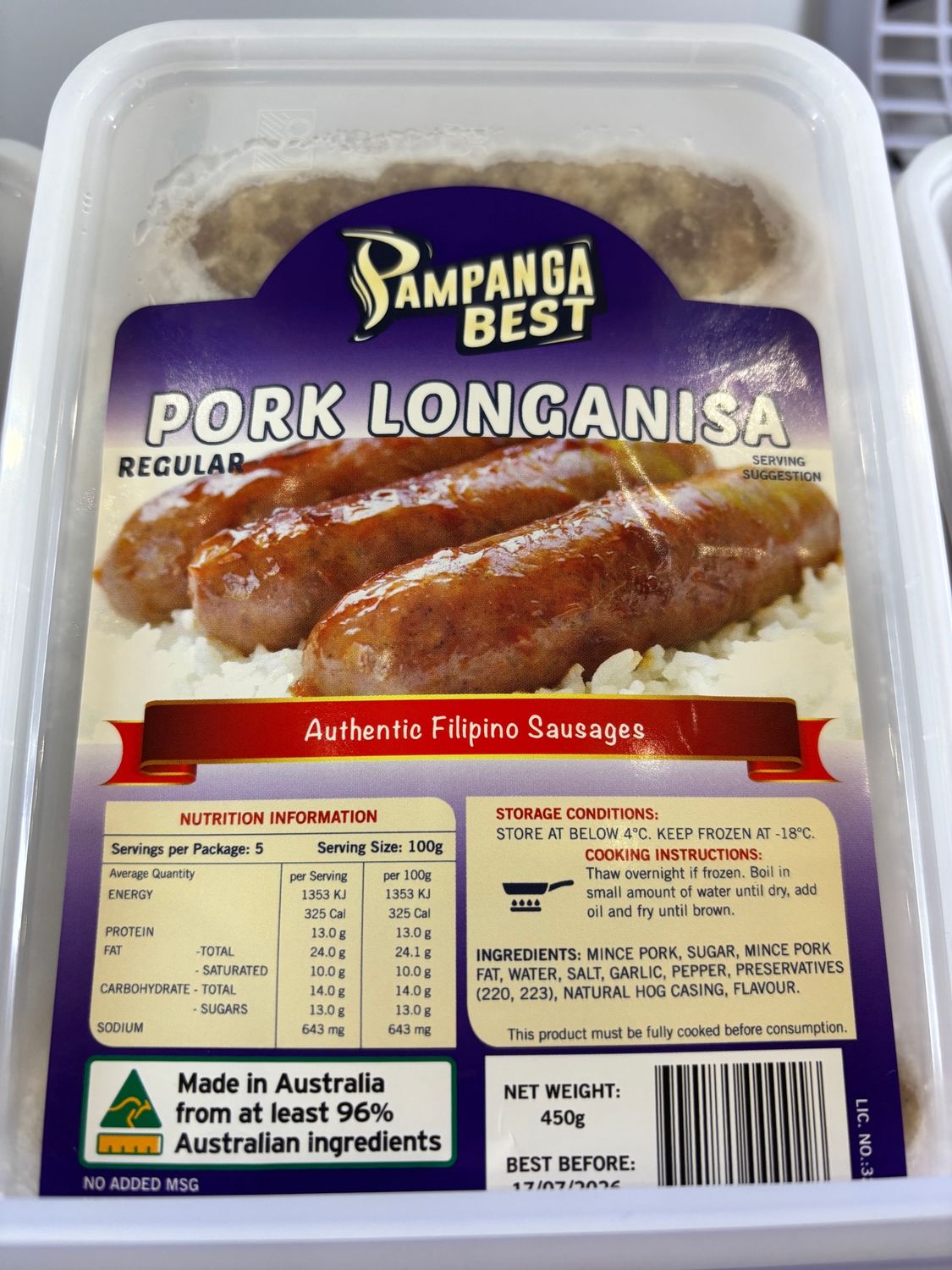 Pampanga Best Pork Longanisa Regular 450g