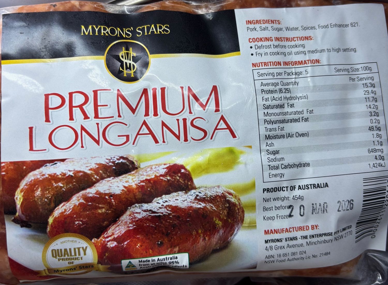 Myrons Stars Premium Longanisa (Pork) 454g