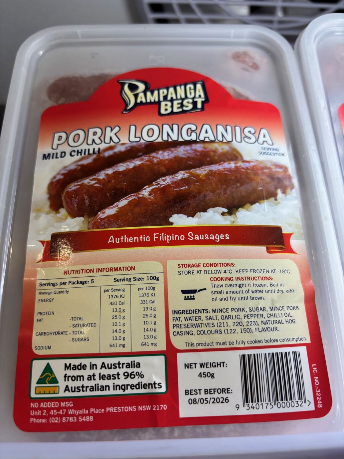 Pampanga Best Pork Longanisa Mild Chilli 450g