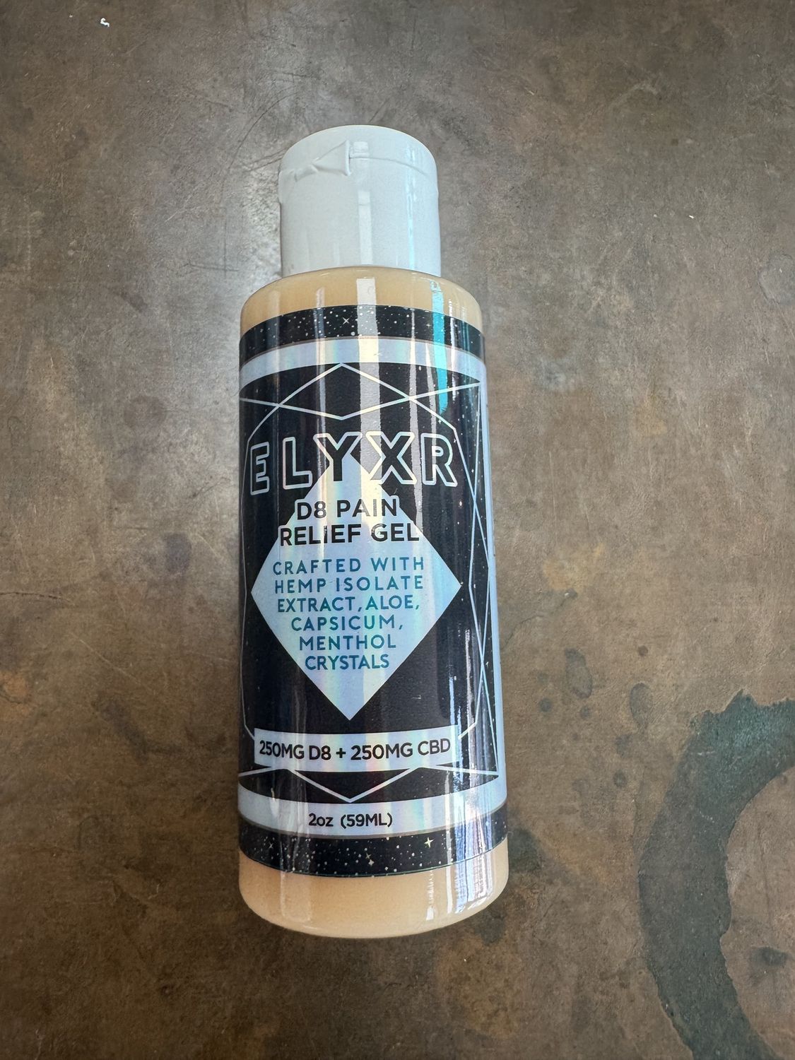 Elyxr Delta 8 pain relief gel 250 mg D 8 +250 mg of CBD. Convenient travel size.
