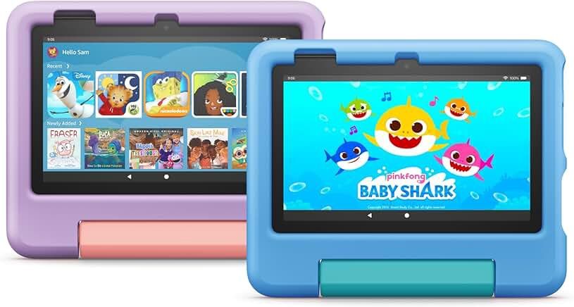 Amazon Fire 7 Kids tablet (newest model) ages 3-7. Top-selling 7" kids tablet on Amazon. Includes 6 months of ad-free and exclusive content, easy parental controls, 10-hr battery, 16 GB, Blue