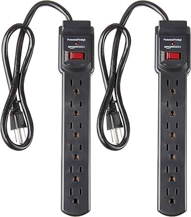 Amazon Basics 6-Outlet, 200 Joule Surge Protector Power Strip, Pack of 2, Rectangle, 2 Foot, Black