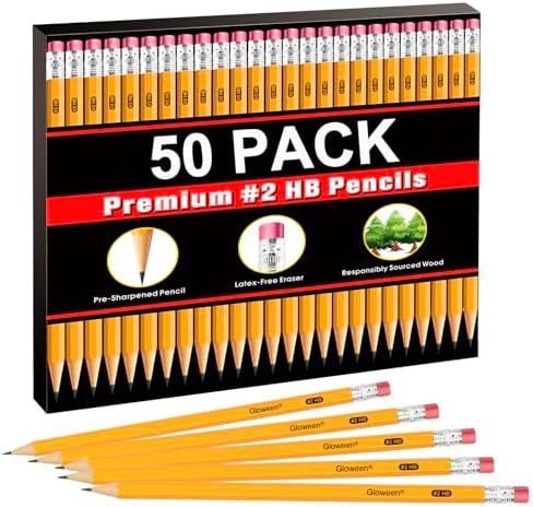 Gloween Wood-Cased #2 HB Pencils Bulk, 50 Pack Pre-Sharpened Yellow Pencils for Office School Supplies