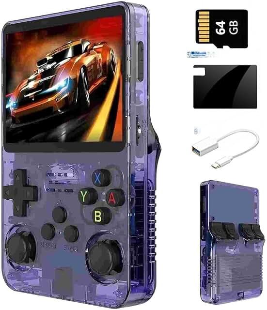 VINEGO R36s Handheld Game Console: 3.5 Inch IPS Screen, 128g TF, 3000mAh Battery, 12000+ Classic Games for Adults (Purple-64G)