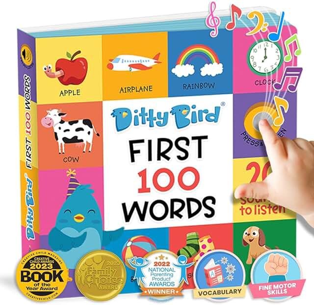 Ditty Bird Talking Books 100 Words | Fun Vocabulary &amp; Speech Learning for Babies | Board Books for Toddlers 1-3 | Children's Interactive Toddler Books with Great Pictures | Sturdy Baby Sound Books