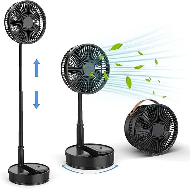 Foldable Fan Foldaway Oscillating with Remote Control Hand Strap &amp;USB Charging Port , 7200mAh Battery Operated Portable Standing Fan, 4 Speed, Timer for Camping Travel , Outdoor, Home (Black)