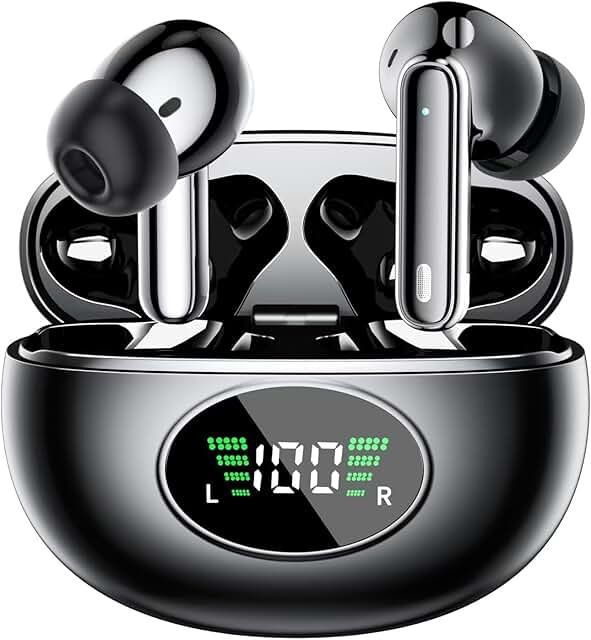 Wireless Earbuds Bluetooth Headphones, Ear Buds with Deep Bass, 40H Long Playtime, Power Display, IPX7 Waterproof in Ear Earphone with Mic for Phone Tablet Sports Workout, Black