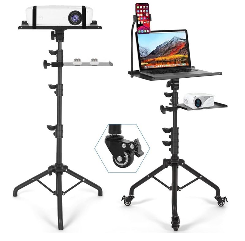 Laptop Tripod on Wheels with 2 Shelves, Portable Projector Floor Stand Adjustable Height 25.9 to 51.8 Inch with Phone Holder