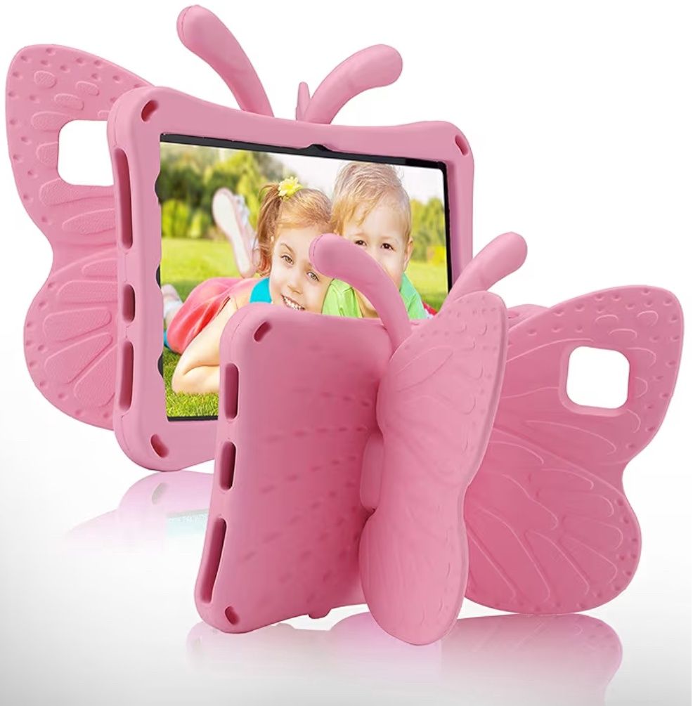 Kindle Fire 7 Kids Tablet Case Fire 7 2022 Butterfly Cover for Girl Toddlers with Kickstand Light EVA Full Boby Drop Protective Rugged Shockproof Kid-Proof Cute Case (Pink)