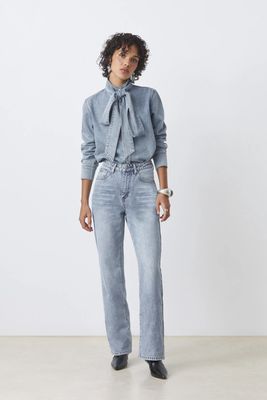 Laos Light Denim Blouse with Removable Bow