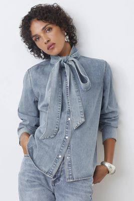 Laos Light Denim Blouse with Removable Bow
