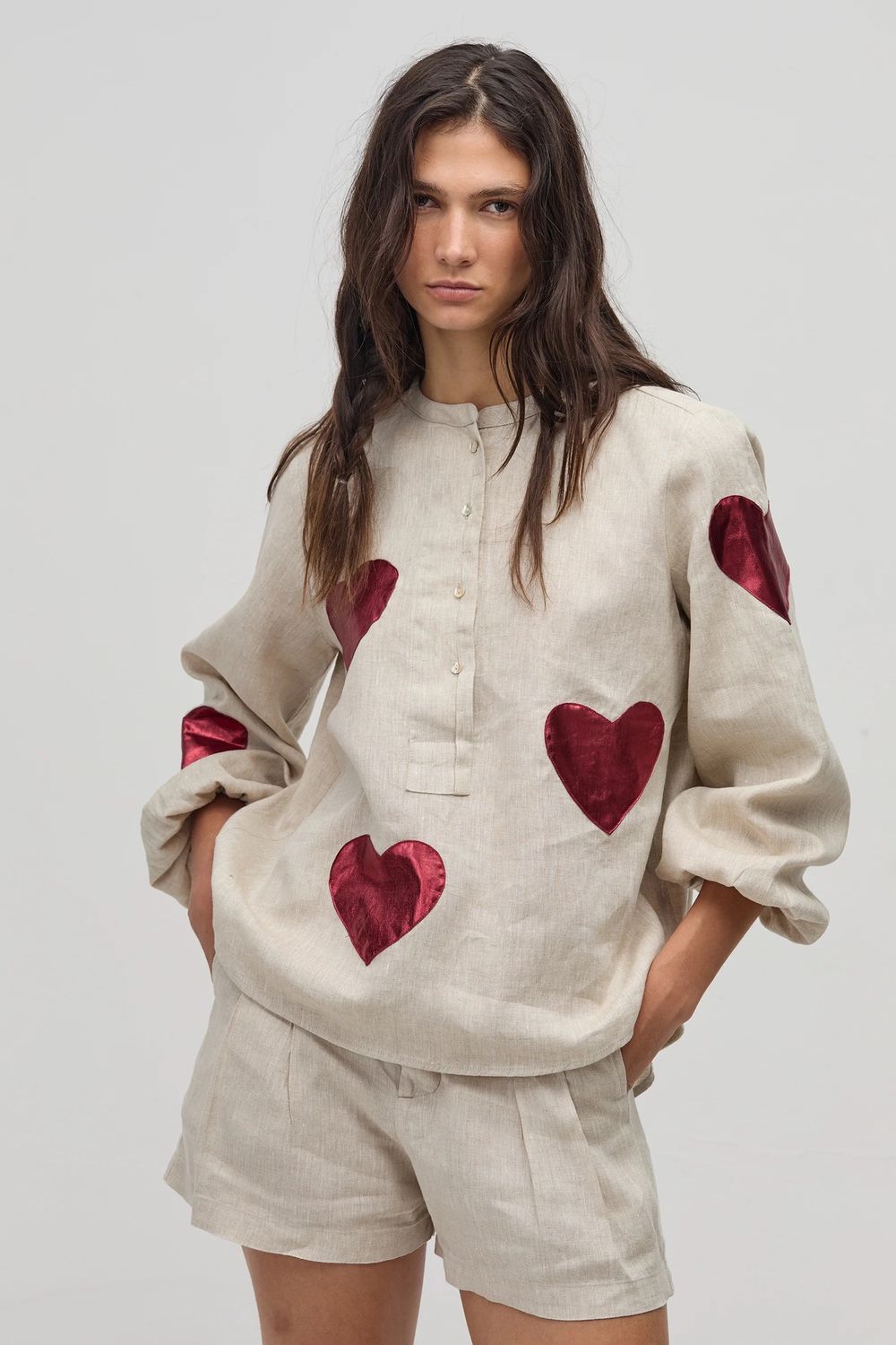 Cupid Linen Shirt With Metallic Hearts