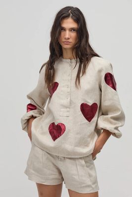 Cupid Linen Shirt With Metallic Hearts