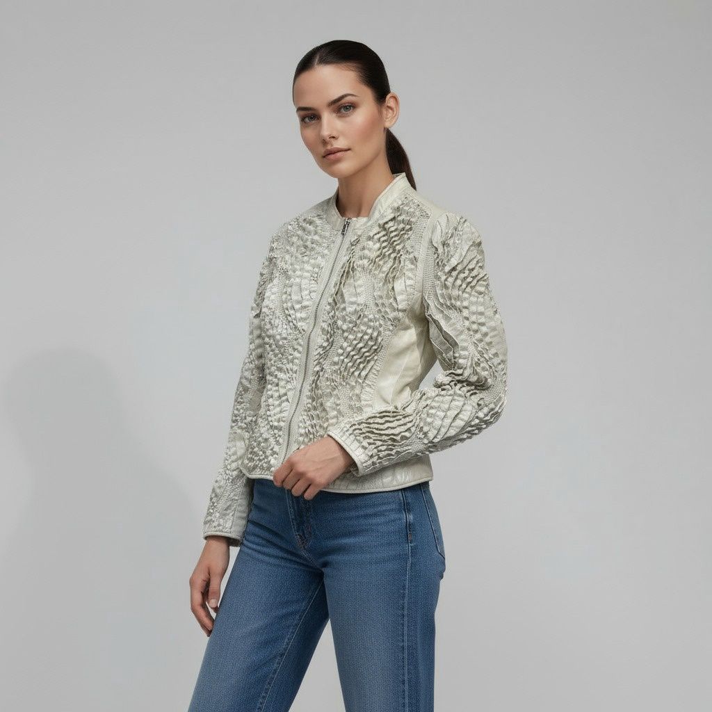 Fitted Leather Jacket with Stitching and Pearl Details