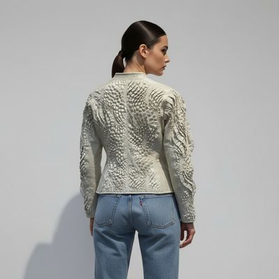 Fitted Leather Jacket with Stitching and Pearl Details