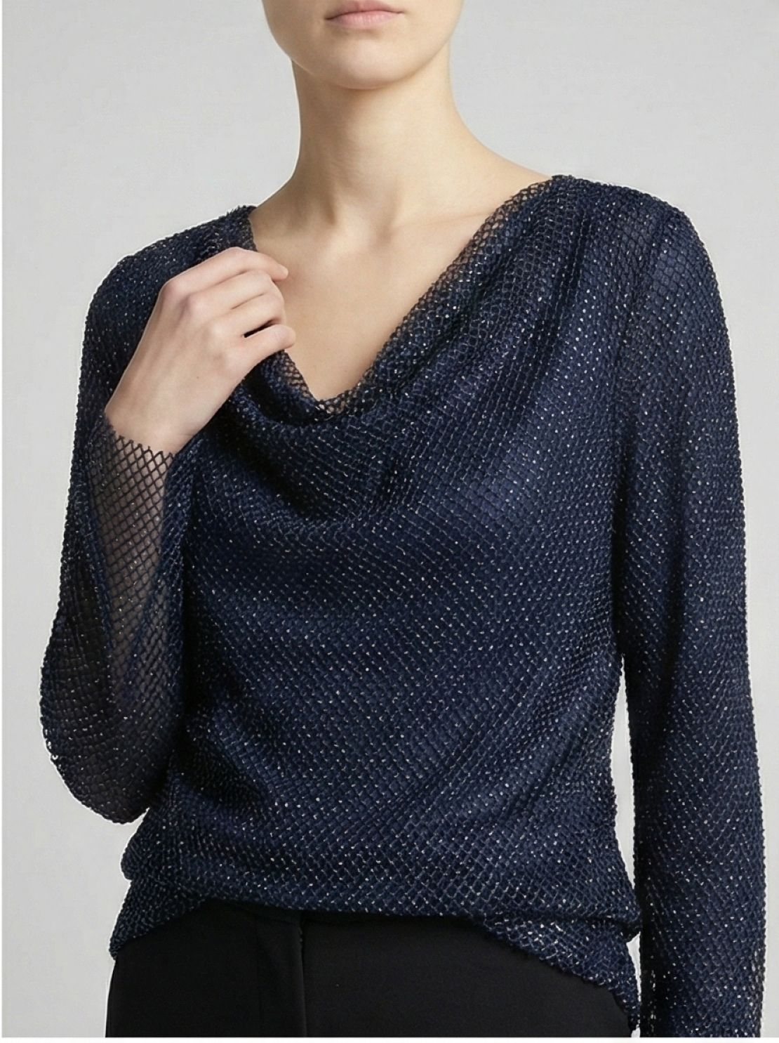 Cowl Neck Crystal Mesh Blouse