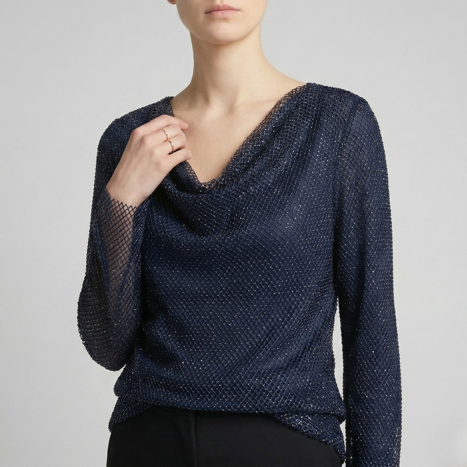 Cowl Neck Crystal Mesh Blouse