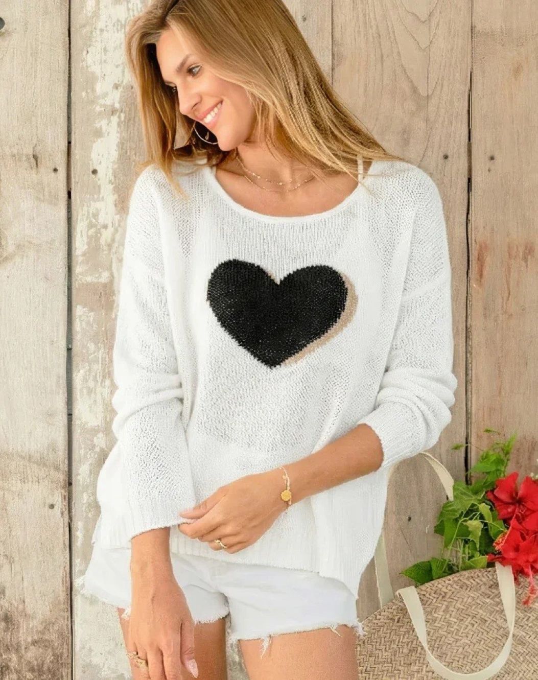 Double Heart Intarsia Crew Neck Sweater