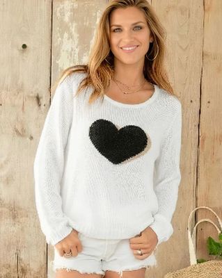 Double Heart Intarsia Crew Neck Sweater