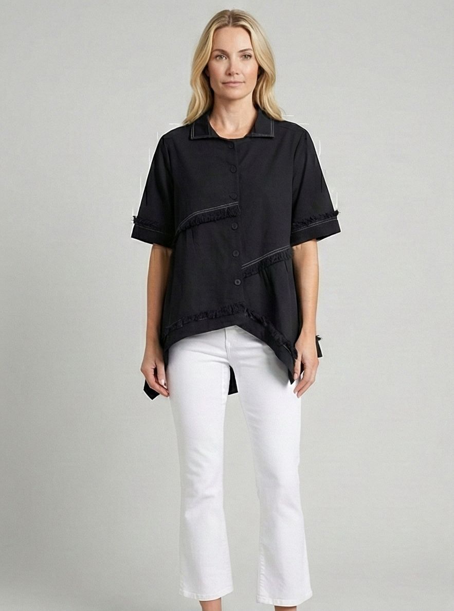 Asymmetrical Frayed Edge Button-Down