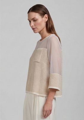 Mixed-Media Sheer and Textured Blouse