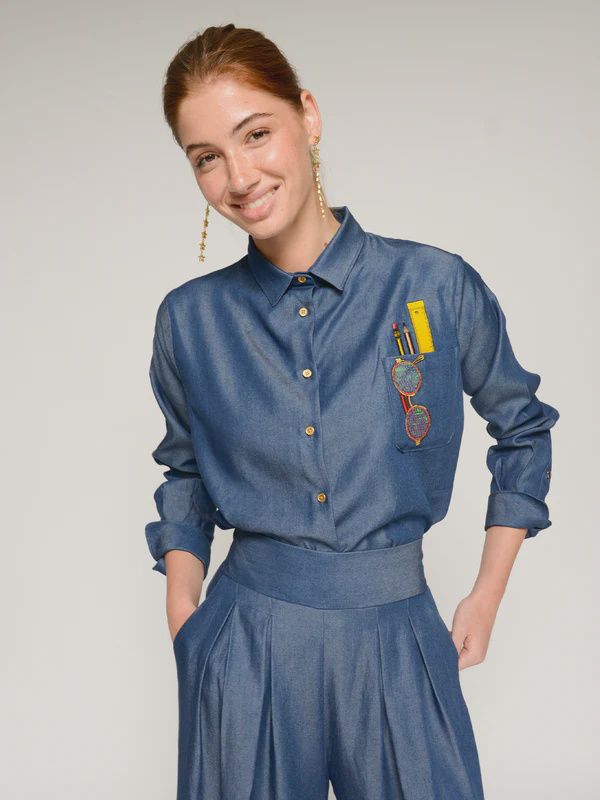 Embroidered Tencel Denim Blouse