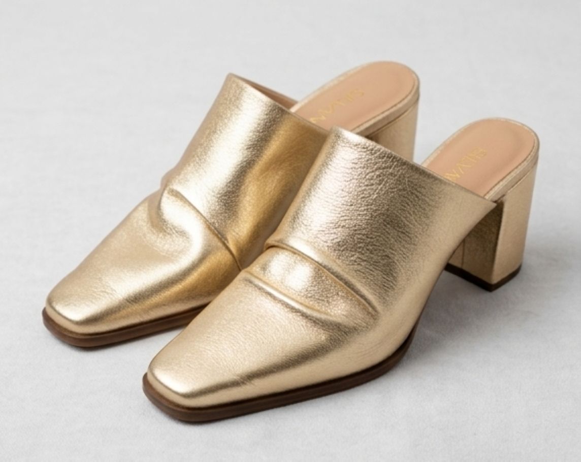 Metallic Leather Block Heel Mules