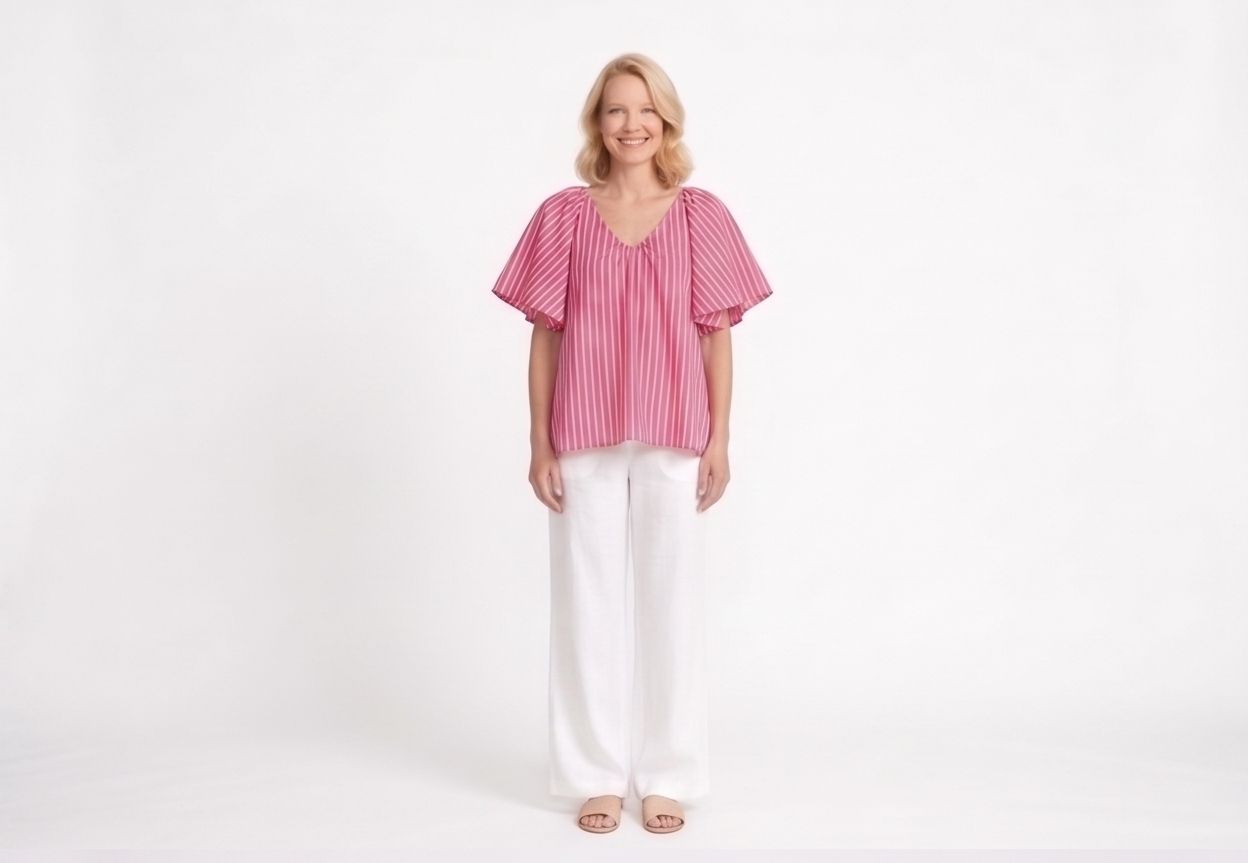 Striped V-Neck Flutter Sleeve Blouse