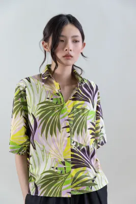 Oversize Short  Sleeve Shirt With Palm Print