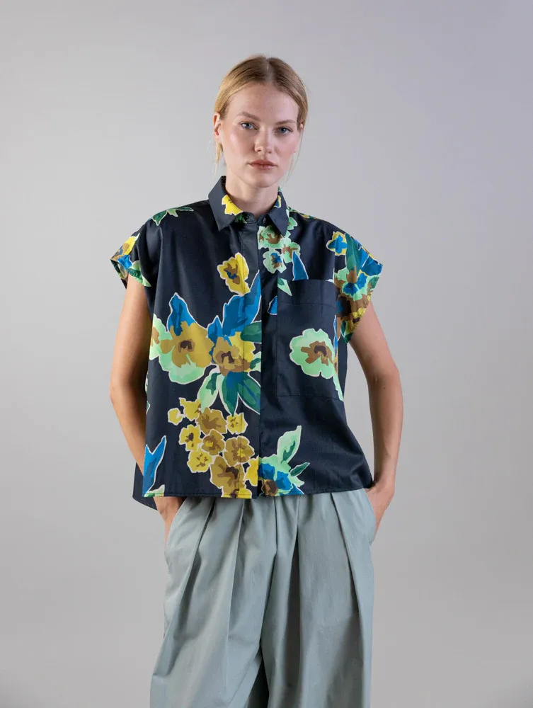 Oversize Satin Cotton Blouse With Botanical Print