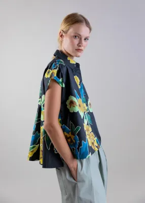 Oversize Satin Cotton Blouse With Botanical Print