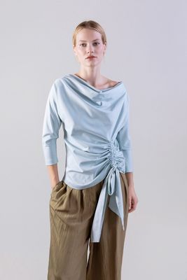 Asymmetric Off-Shoulder Top with Side Gather and Tie