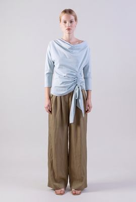 Asymmetric Off-Shoulder Top with Side Gather and Tie