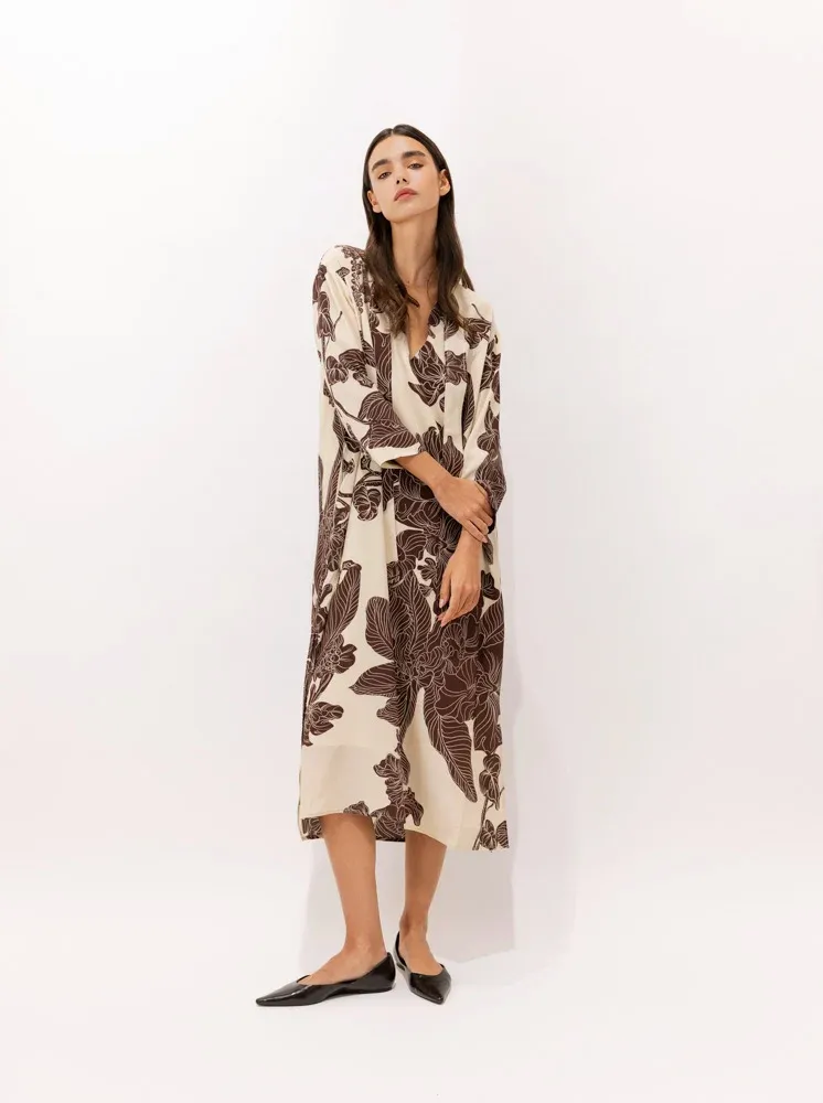 Orient Contour Silk Midi Tunic with Mandarin Tie-Neck