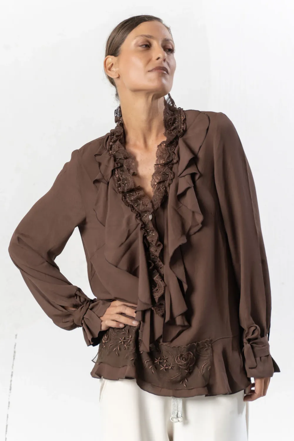 Blouse With Ruffles and Scalloped Lace