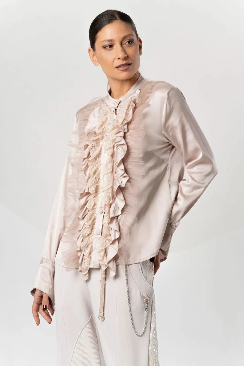 Shirt With Tulle Ruffles and Lace