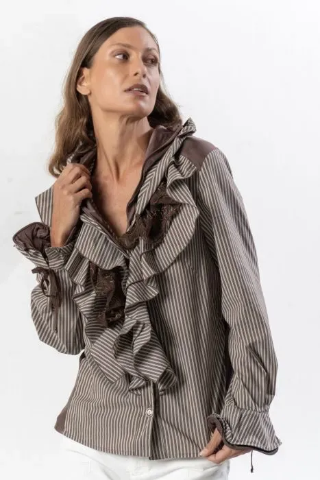Brown Shirt With Micro-Stripes &amp; Red Accents