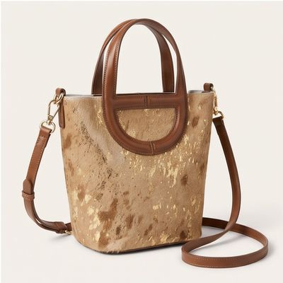 Gilded Texture &amp; Cognac Leather Mini Tote Bag