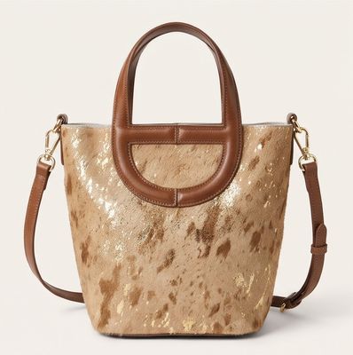 Gilded Texture &amp; Cognac Leather Mini Tote Bag